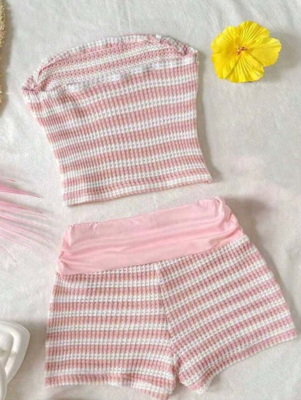 Knit Pink & White Striped Tube top & High Waist Shorts